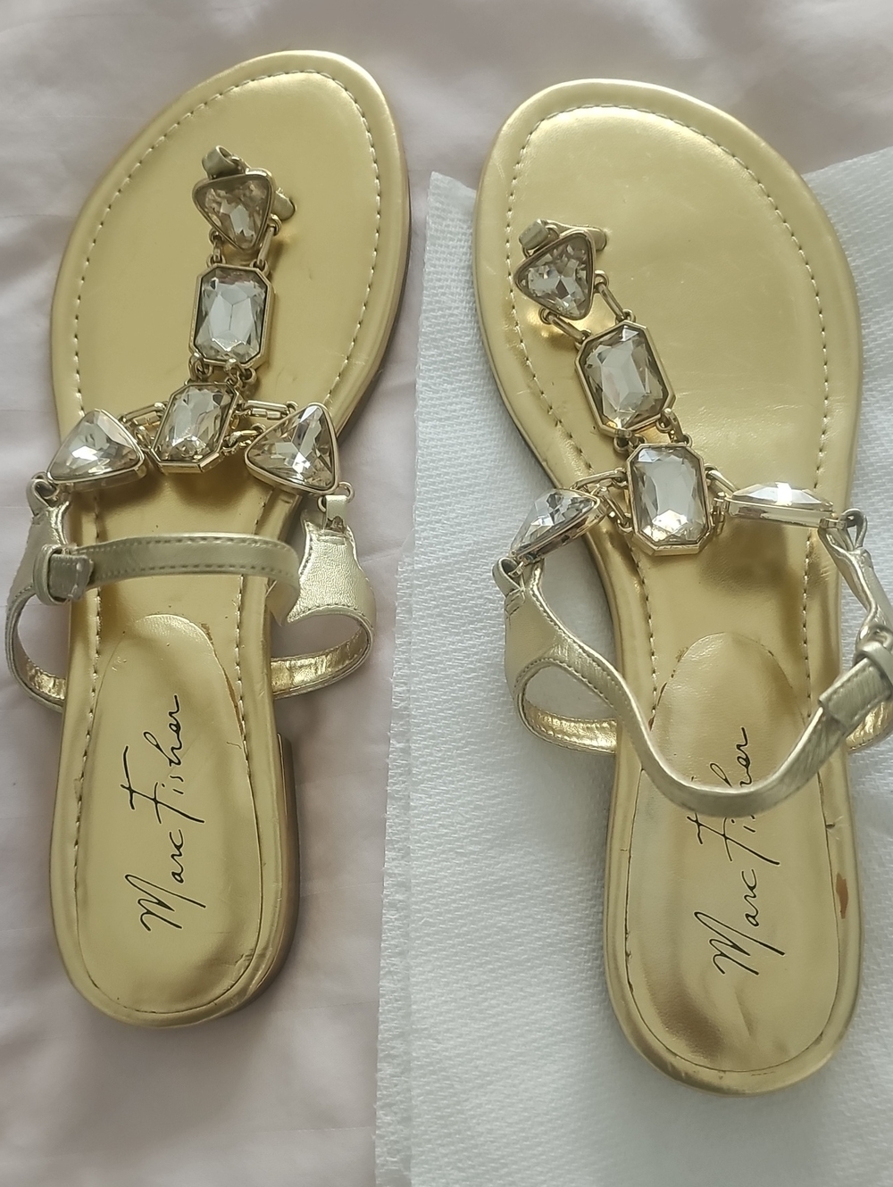 Marc Fisher Gold Jeweled T-Strap Sandals